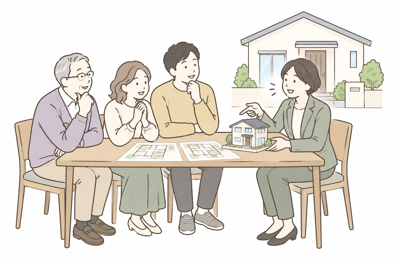 住宅の模型と図面を囲み、住まいのこれからを相談するご家族と担当者のイラスト