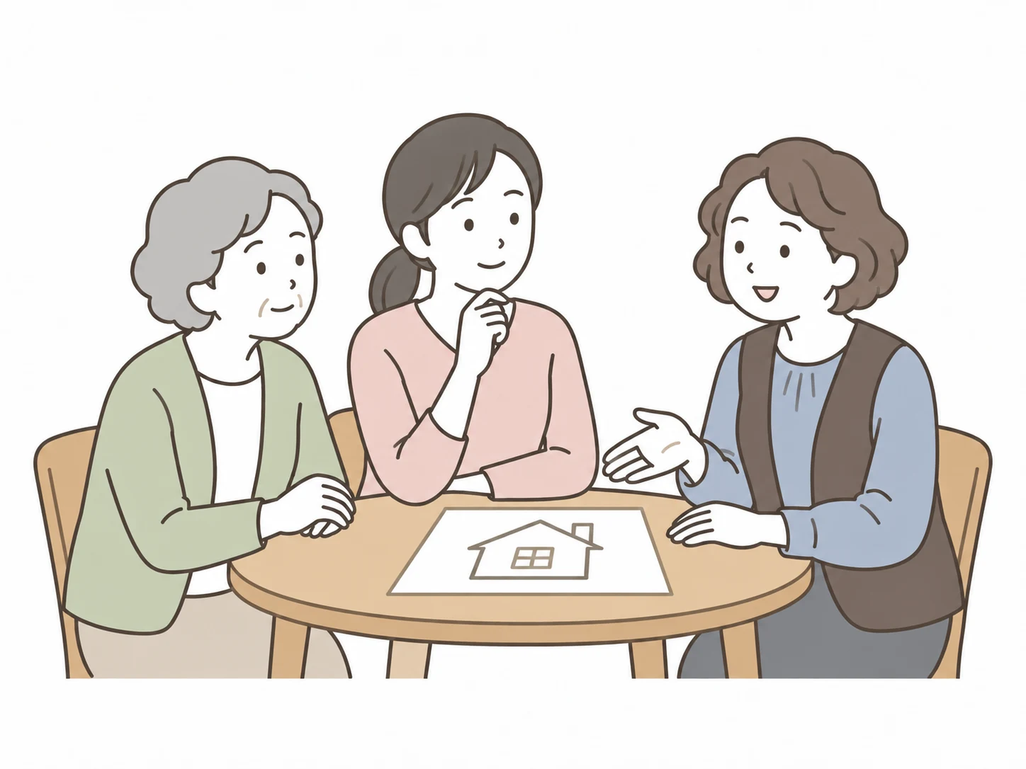住まいについて一緒に学ぶ母親と成人した娘のイラスト