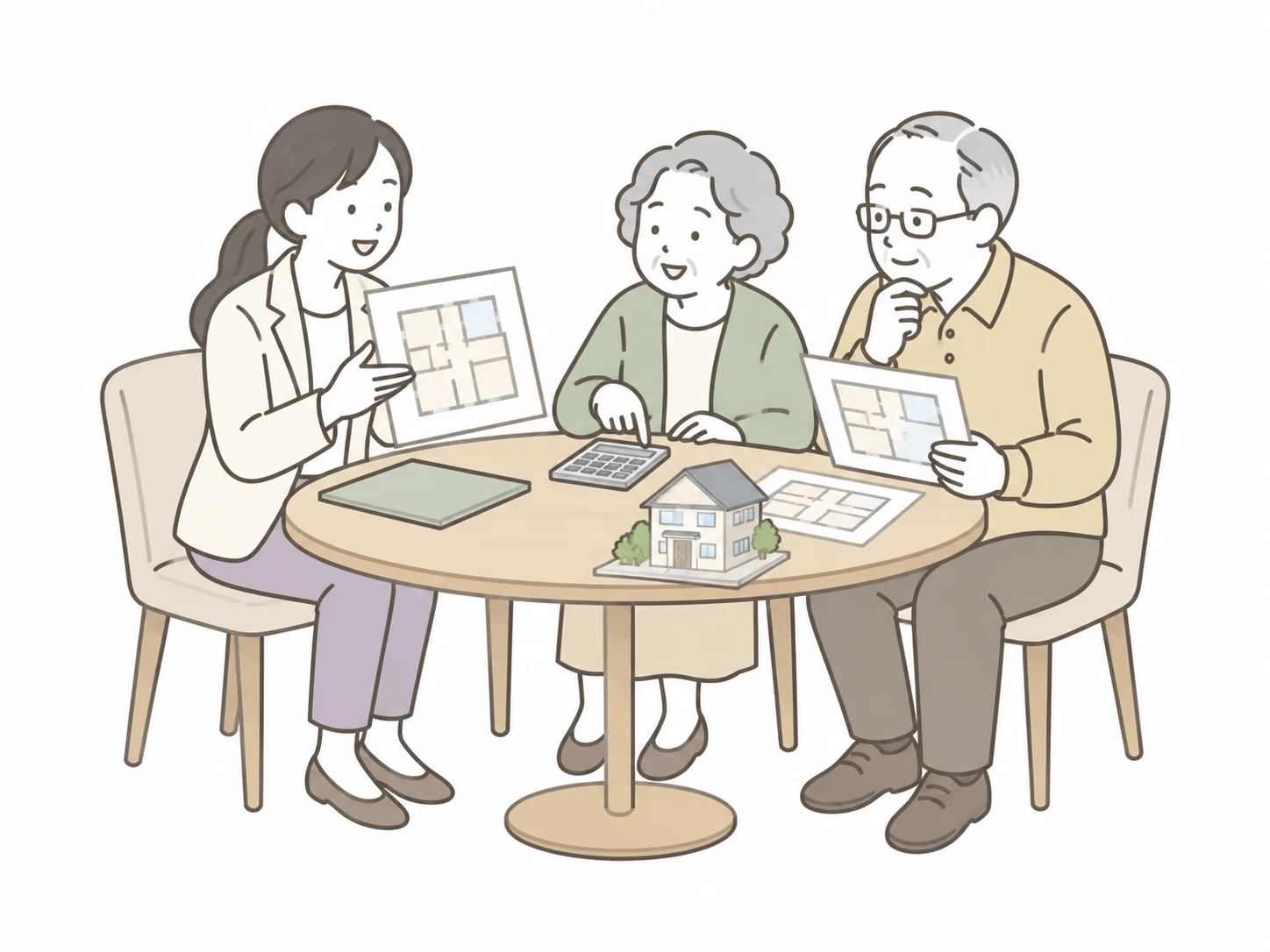 住宅会社選び・解体・仮住まいの相談をするイラスト