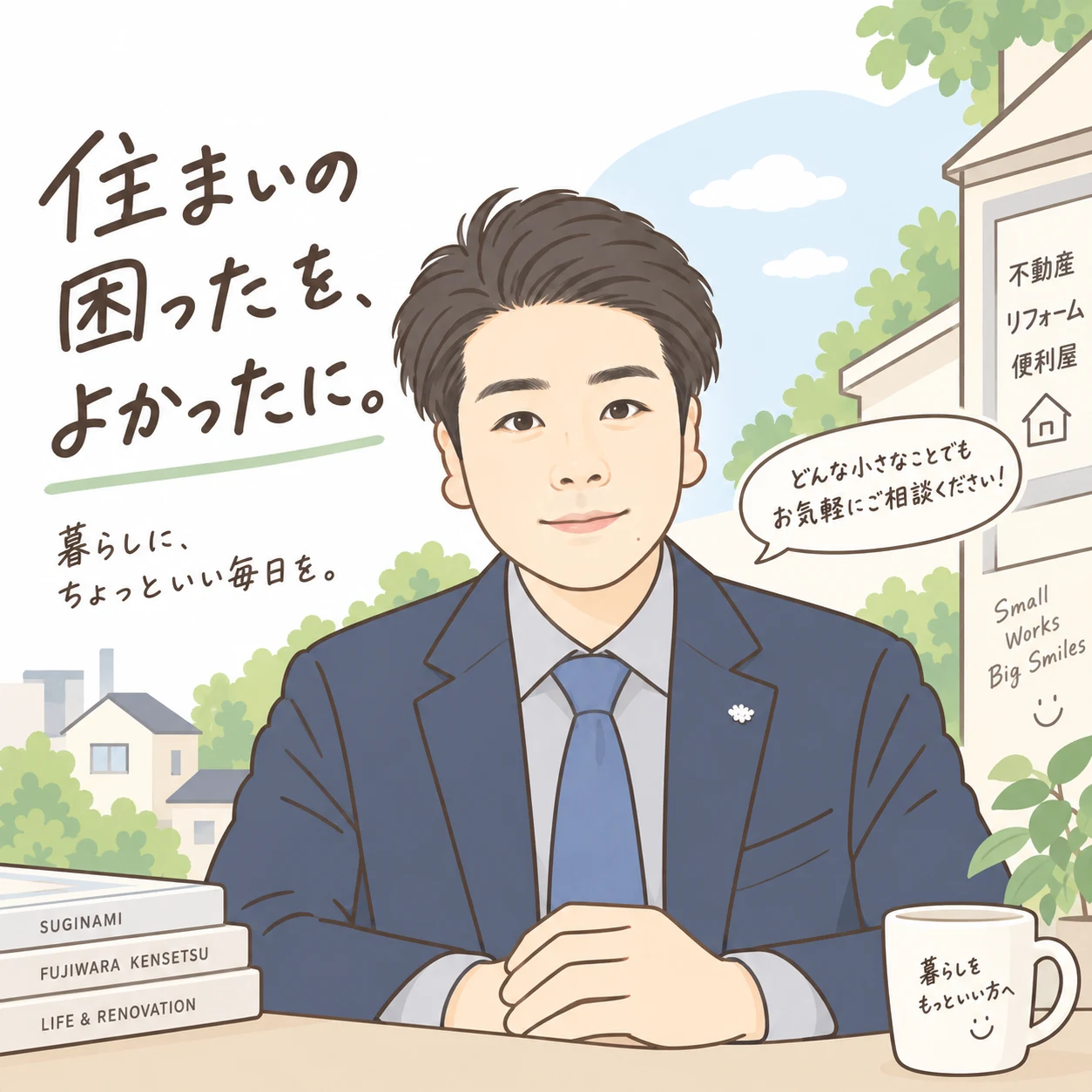 住まいの相談を迎える、代表取締役 多田健人の似顔絵